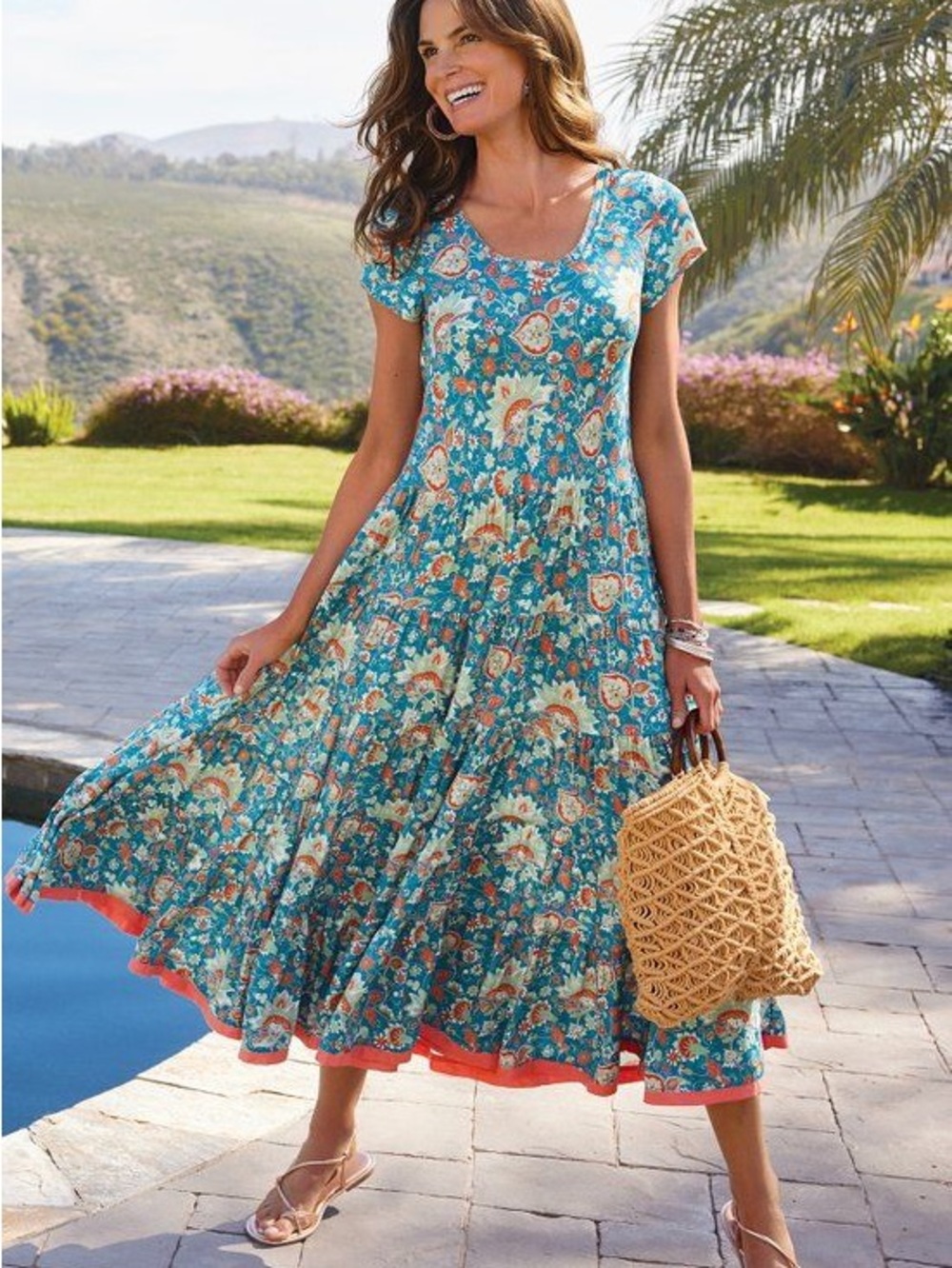 Soft Surroundings Teal Floral Maxi Dress with Coral Hem